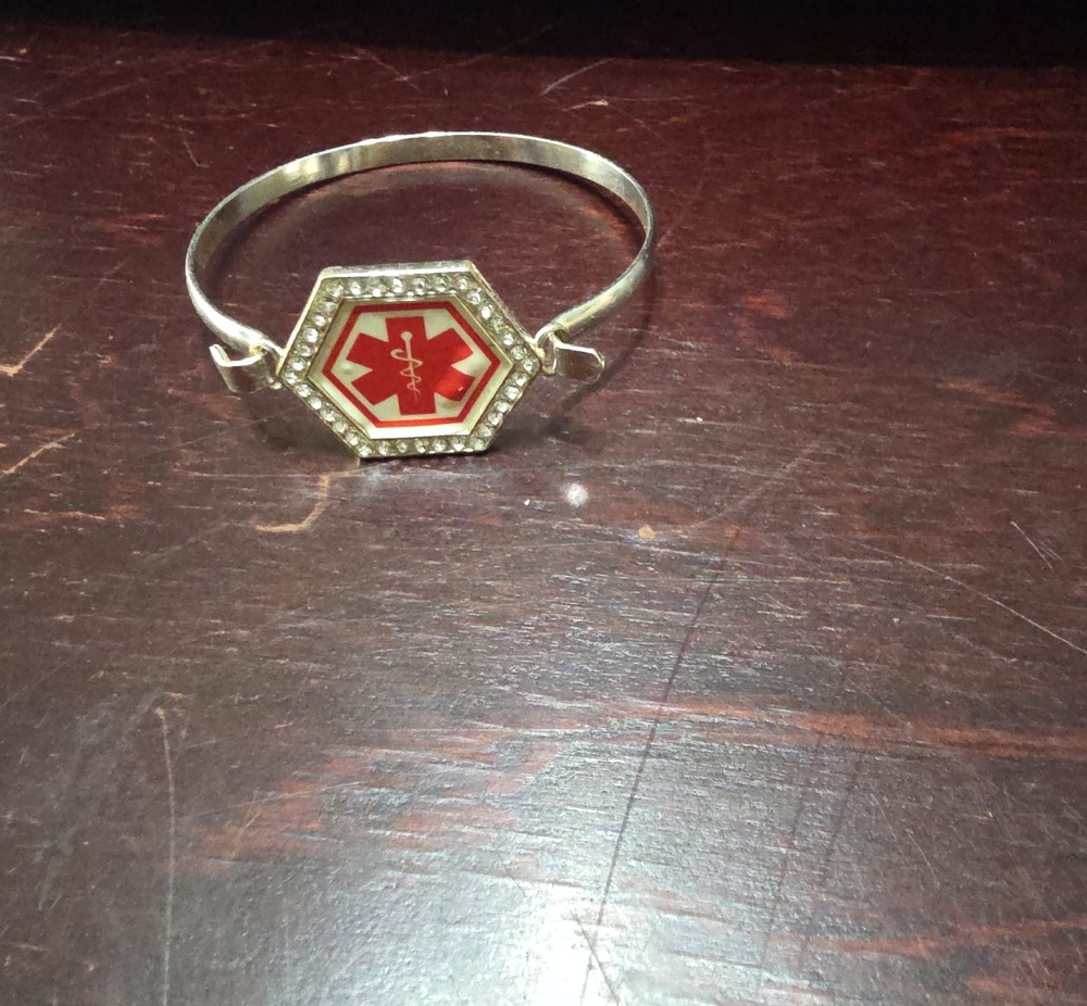 Medical Alert Red Enamel Hexagon Bangle Bracelet